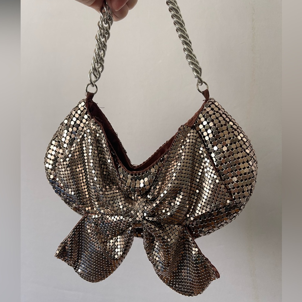 Y2K‎ Long Bag Silver Mesh Chainmail w Bow Crescent Hobo